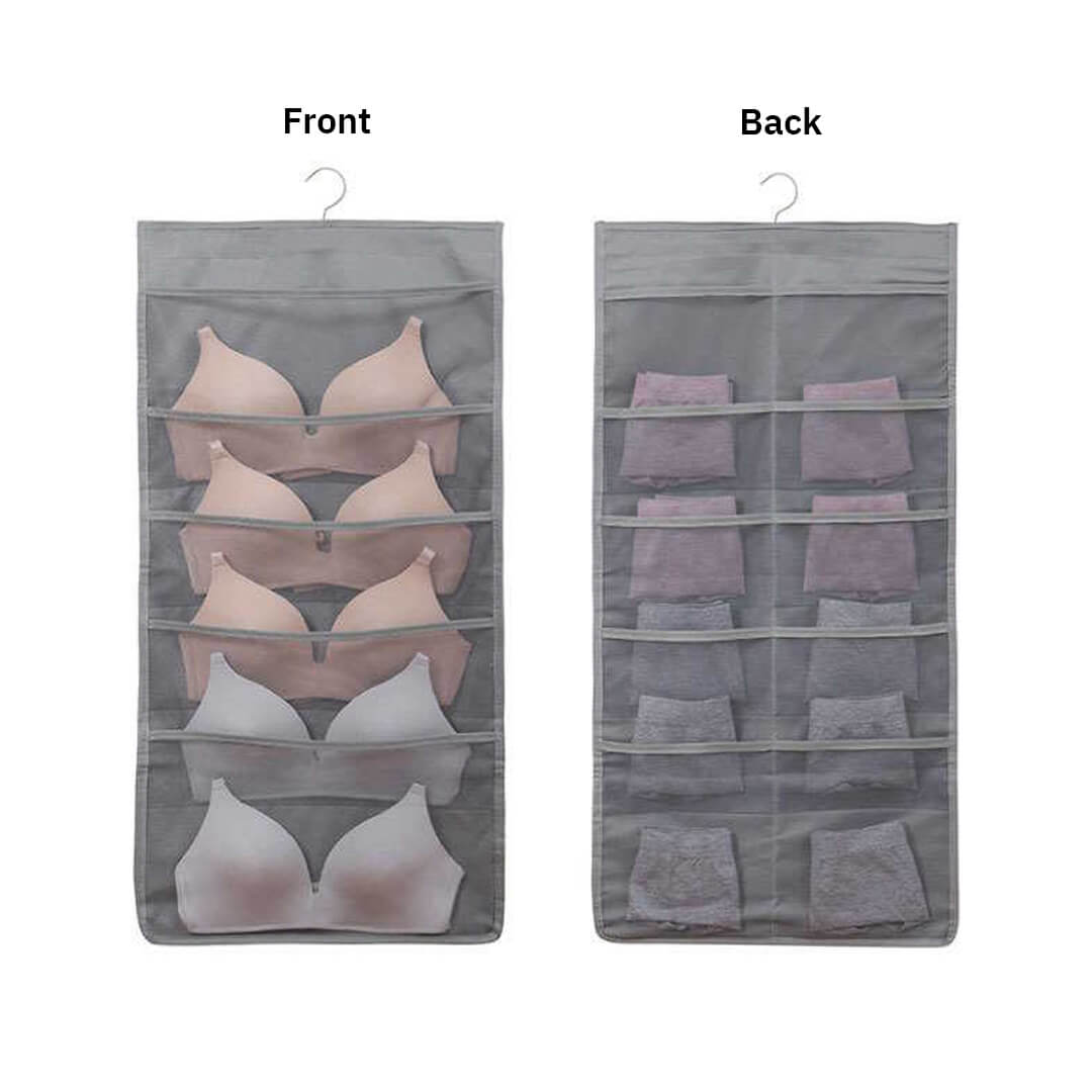 Hanging wardrobe organizer with 15 compartments, grey color