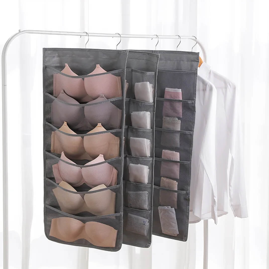 Double-sided hanging closet storage with mesh pockets