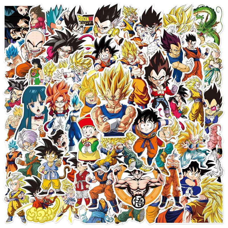 Collection of colorful anime character stickers on a white background