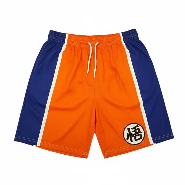 Orange and blue shorts with a symbol on a white background