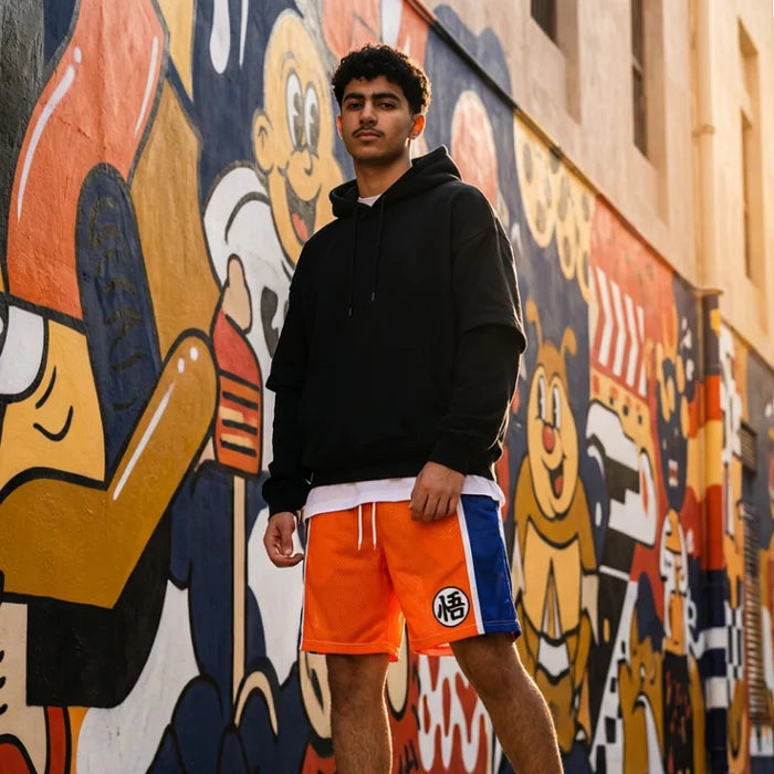 Person wearing orange shorts with a logo standing in front of colorful graffiti art.
