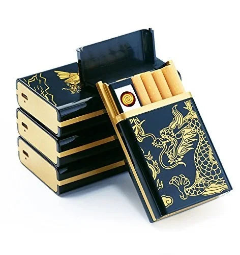 Dragon Design Rechargeable Cigarette Case with Lighter - USB Rechargeable Electronic Windproof Flameless Cigarette Lighter