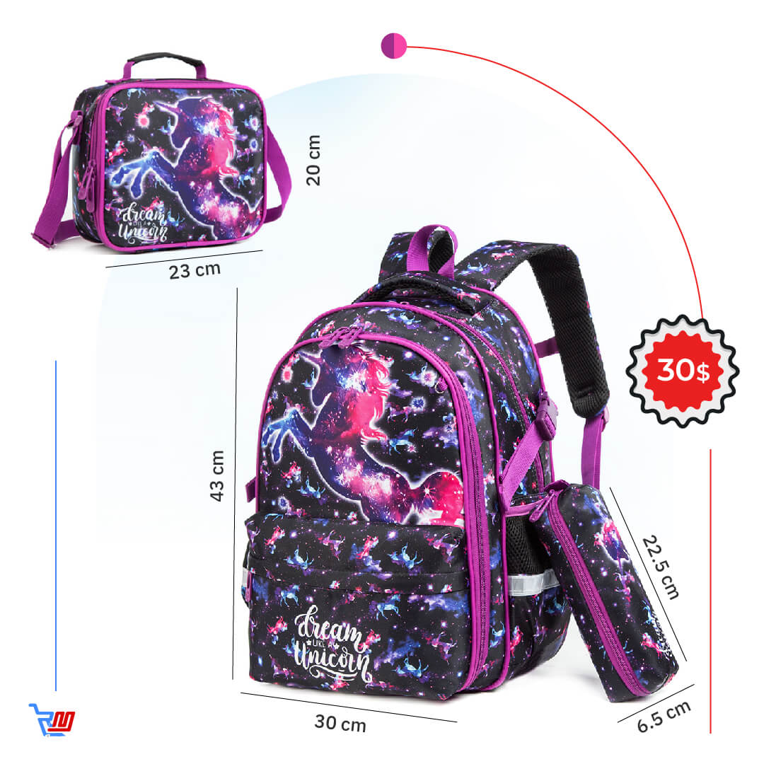 Magical Unicorn Backpack set with lunch bag and pencil case, for grade 1 to 3