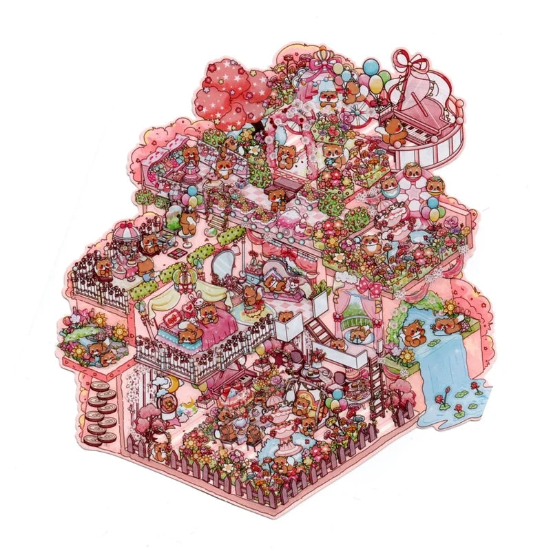 Colorful illustration of a detailed house with various rooms and activities
