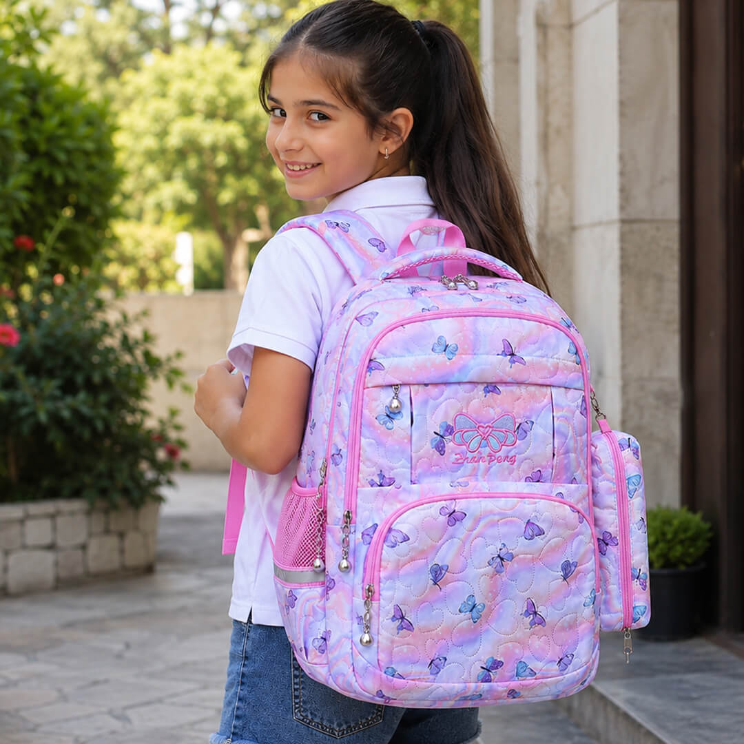 Purple and pink butterfly-patterned school backpack with attached pencil case