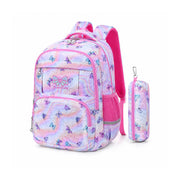 A pink and purple butterfly-patterned school backpack with a matching pencil case 