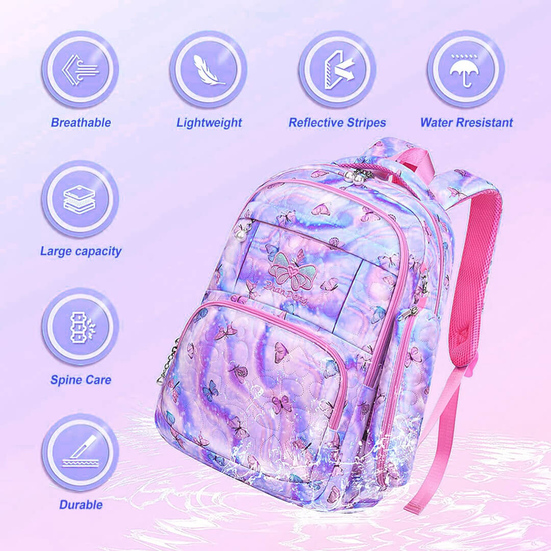 Water-resistant butterfly backpack for everyday school use
