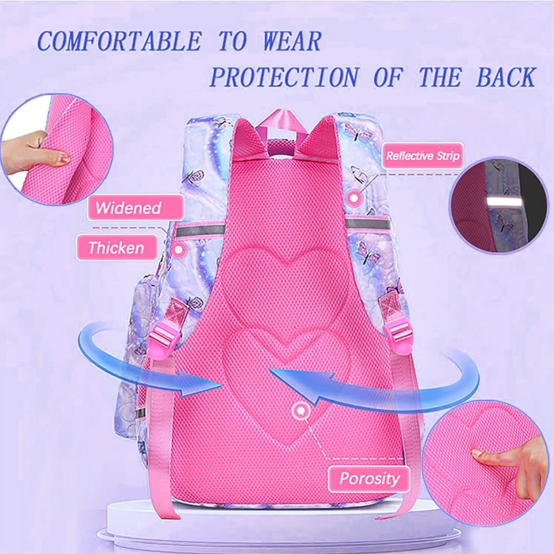 Heart-patterned with butterflies school backpack with matching pencil case