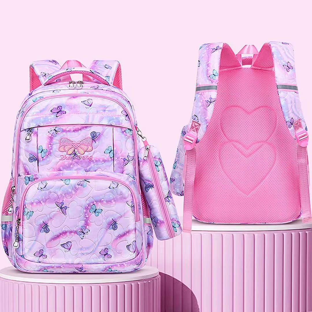 Girls' pastel butterfly and heart backpack with pencil case for school