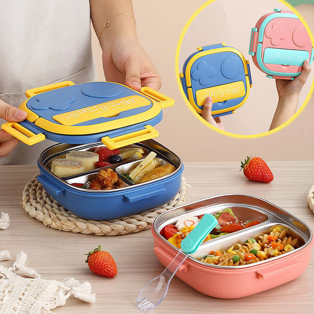 Stainless steel lunch box with removable tray in blue or pink color
