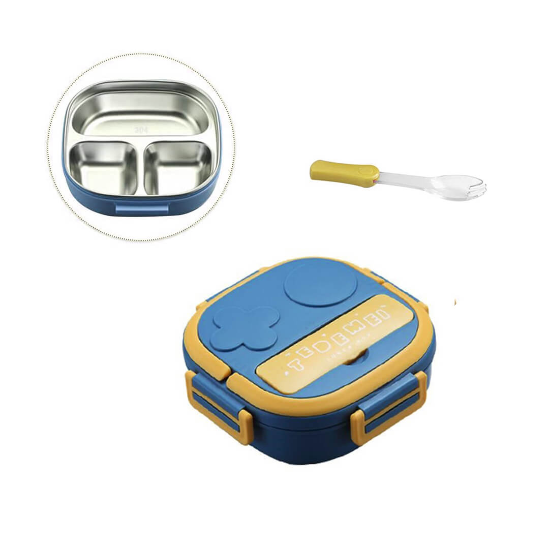 Stainless steel lunch box with 3 compartments and mini fork, blue and yellow color