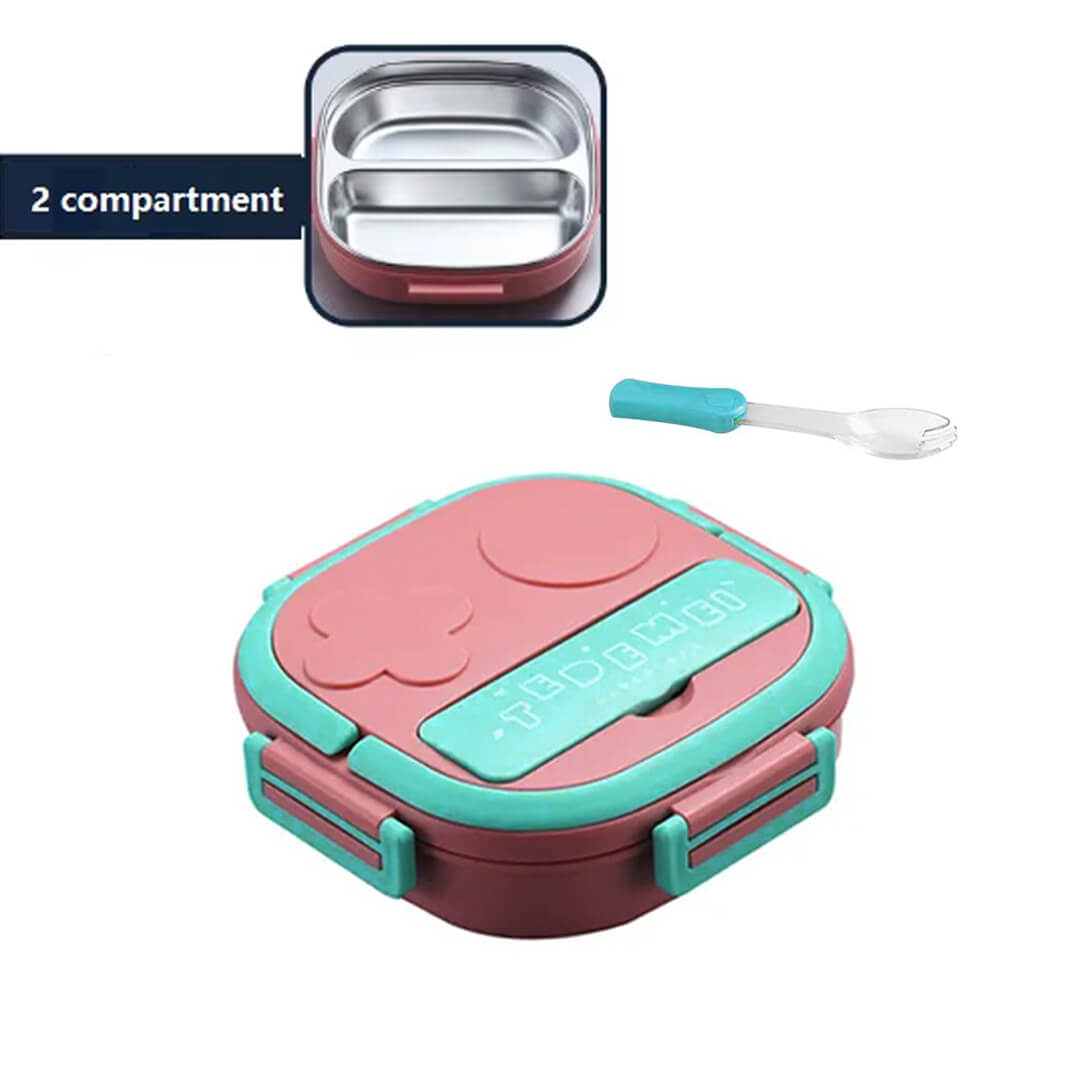 Stainless steel lunch box with 2 compartments and mini fork, pink and teal color