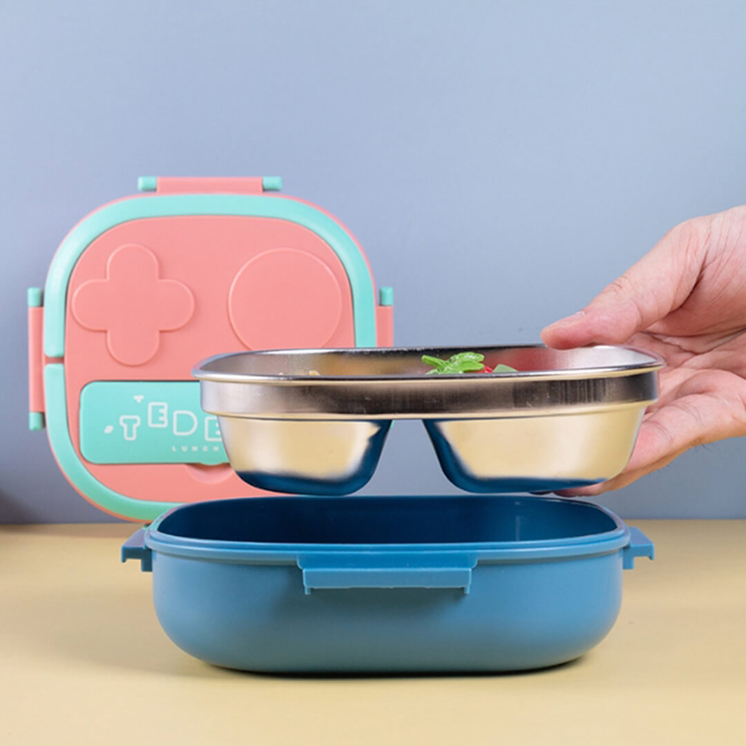 Dual-color bento lunch box with stainless tray with small fork