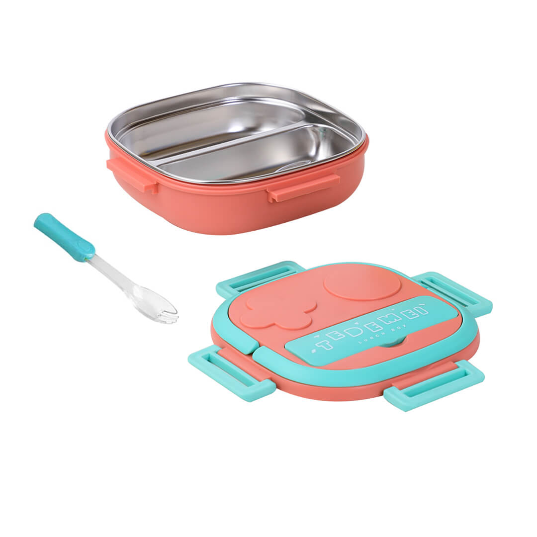 Pink and teal stainless steel lunch box with small fork