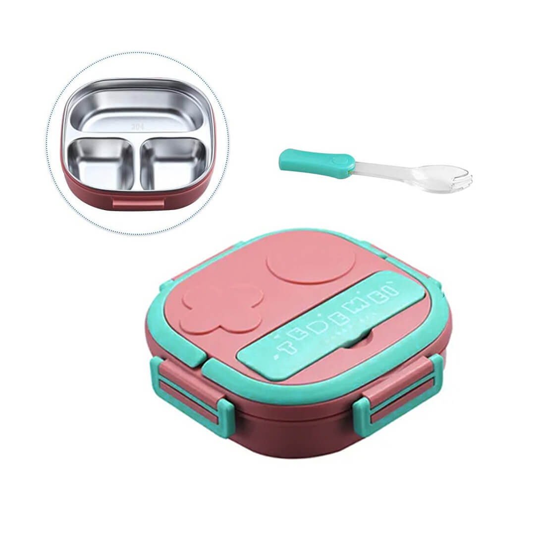 Stainless steel lunch box with 3 compartments and mini fork, pink and teal color