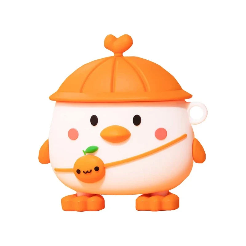 Cute cartoon character with an orange hat and a small pumpkin on a white background