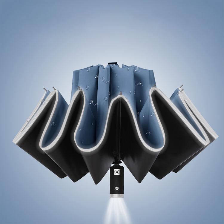 Windproof Automatic 3-Fold Inverted Umbrella with Built-In LED Light - Blue Blue