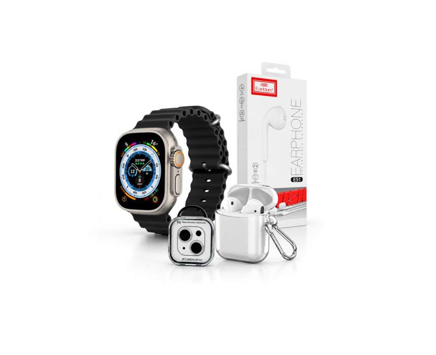 Combo Deal Smart Watch S8 Ultra + Case Airpod Pro 2 Silicon + Earphone Earldom E51 + Camera Glass iPhone 13/13 Mini