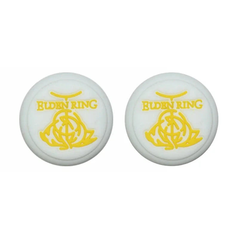 Two white circular objects with yellow 'Elden Ring' logo on a white background