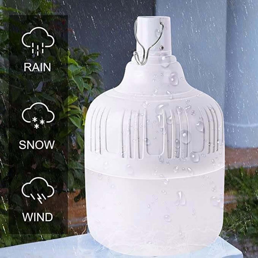 Hanging waterproof bulb lighting a room during blackout