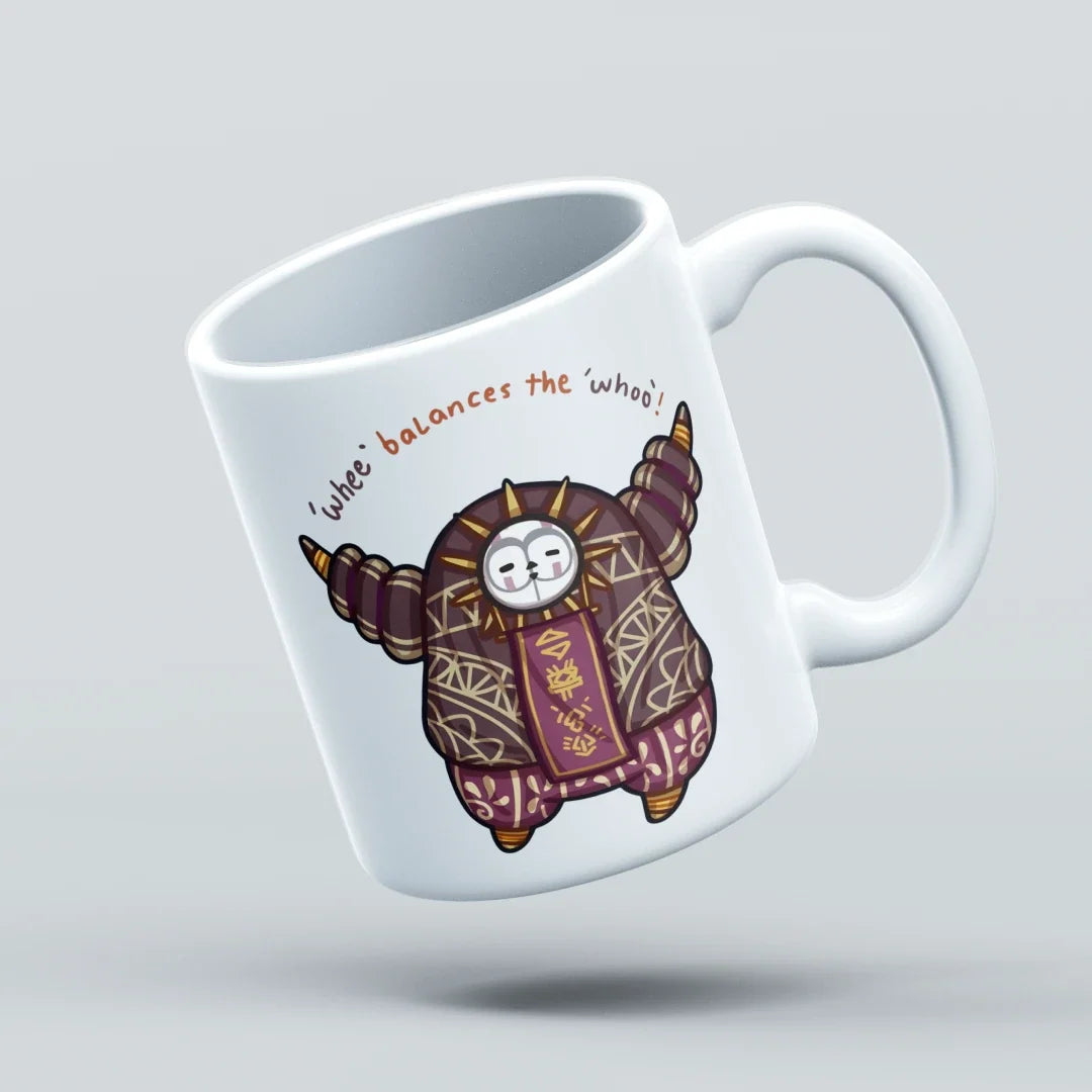 White mug with a cartoon character design on a light gray background