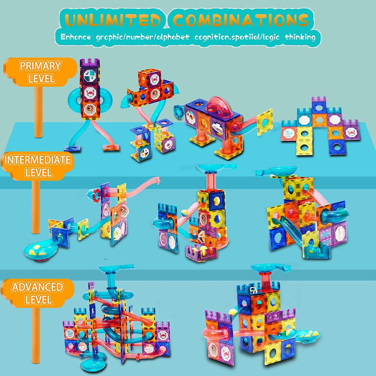 Magnetic Building Blocks & Marble Run Set - 125 Pieces