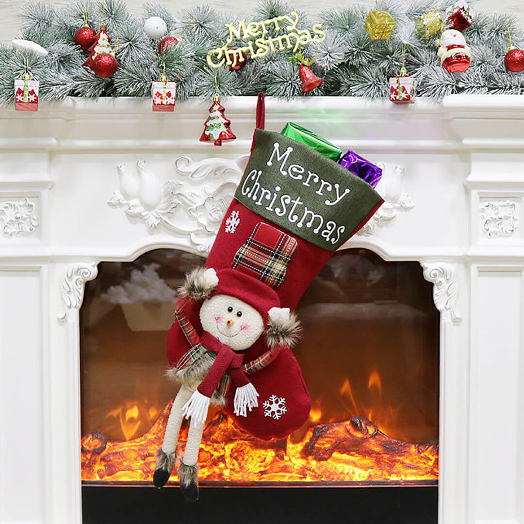 3D Christmas stocking with dangling legs snowman design 