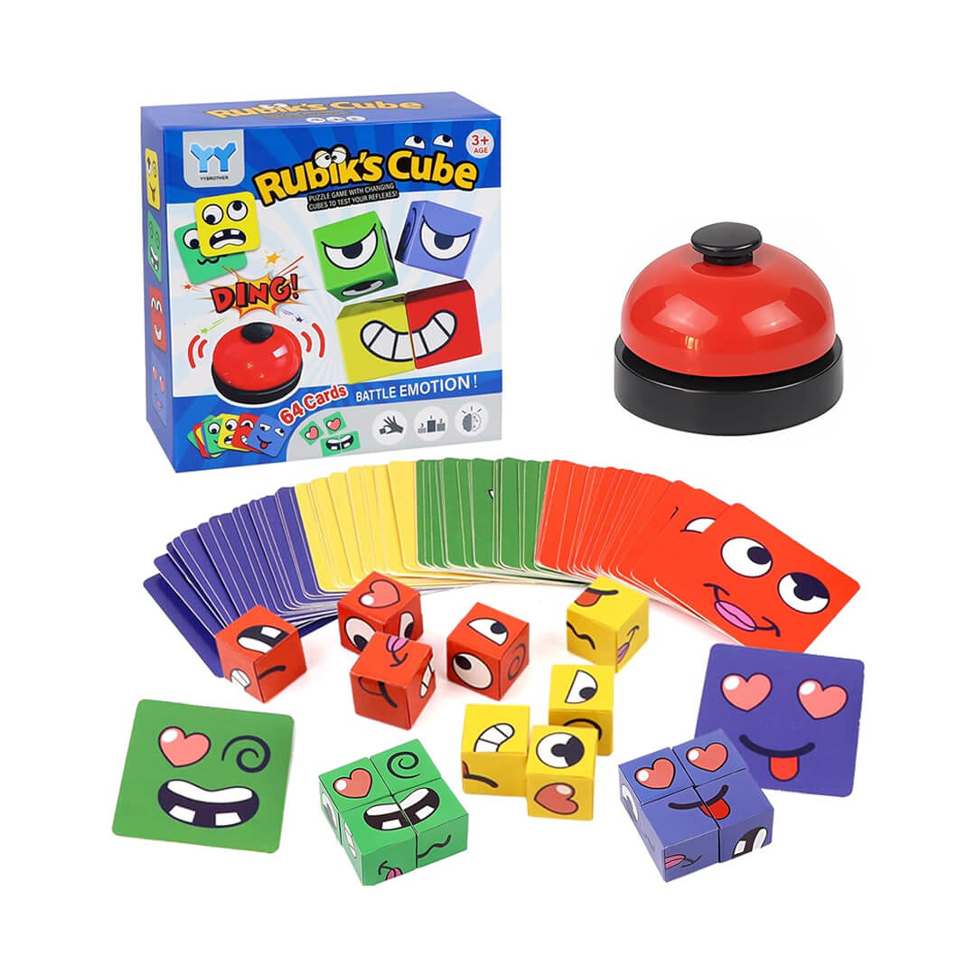 Wooden face change cube puzzle game for children ages 3 to 12