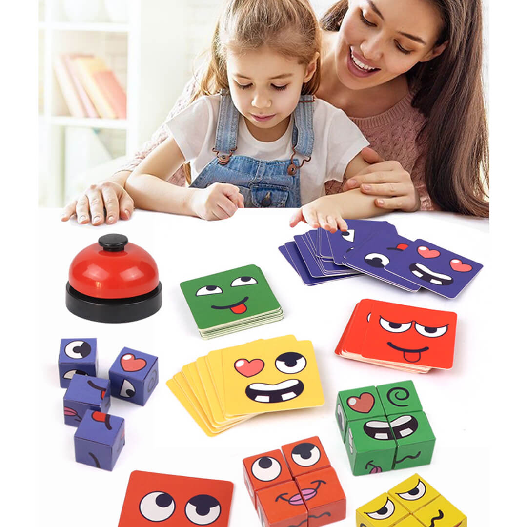Expression puzzle game with wooden cubes and bell