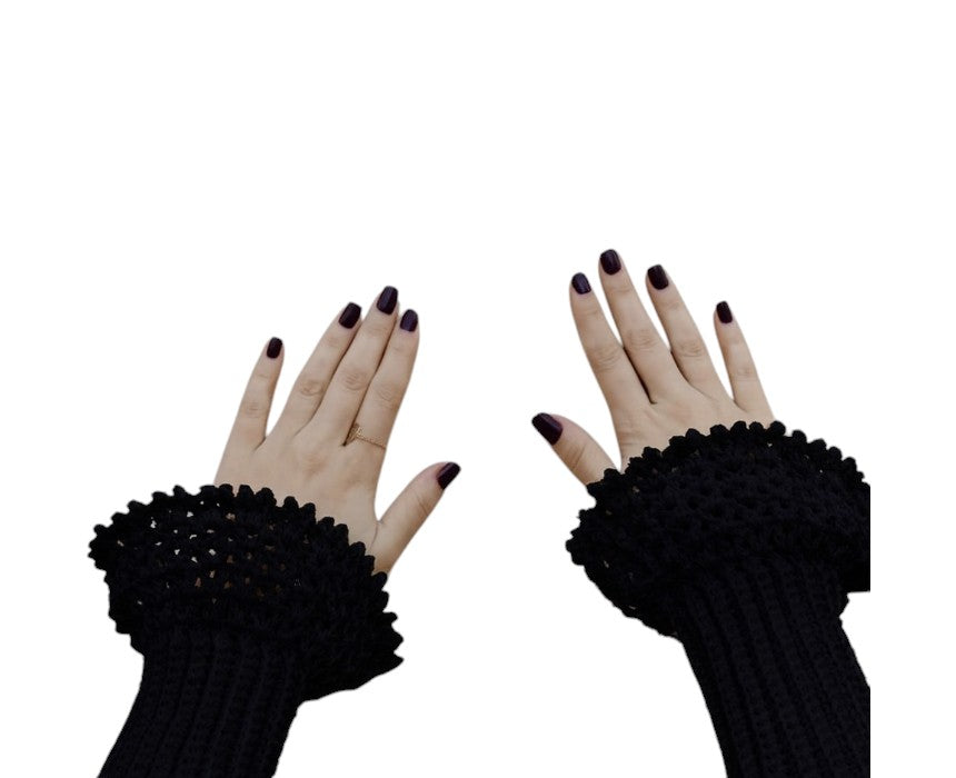 Black Soft Crochet Cotton Wrist Warmers