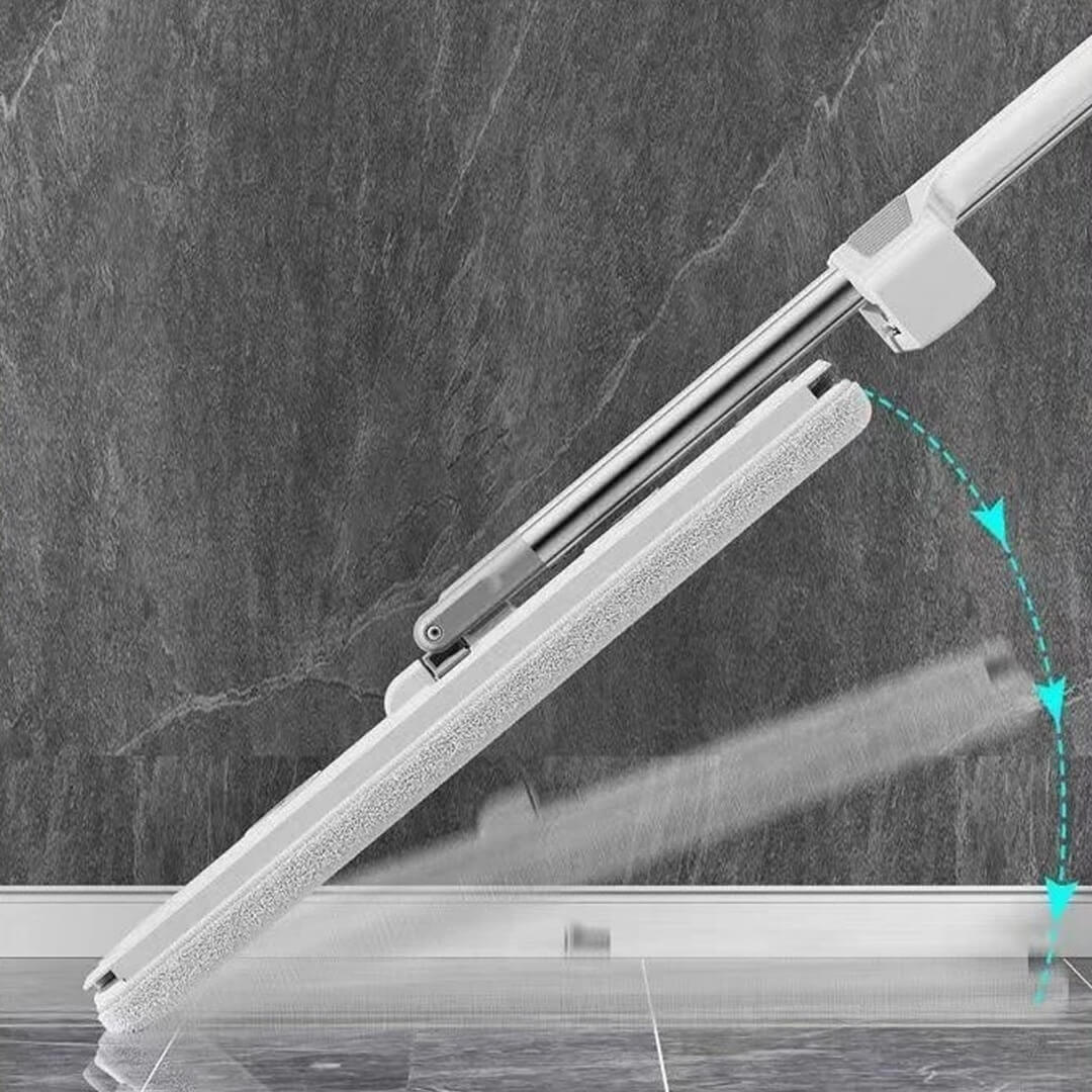 Flat cleaning mop, head rotating to clean baseboards and corners