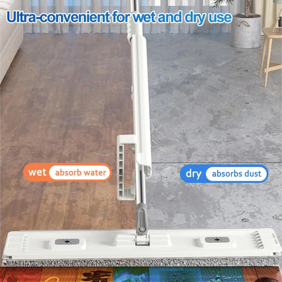 Close-up of microfiber mop pad lifting dirt, convenient for wet and dry use.