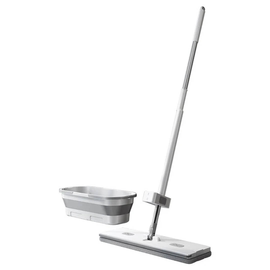 2-in-1 flat mop and collapsible bucket cleaning set, white and grey color