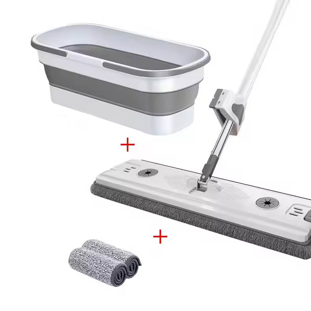 2-in-1 flat mop and collapsible bucket cleaning set with extra microfiber pad.