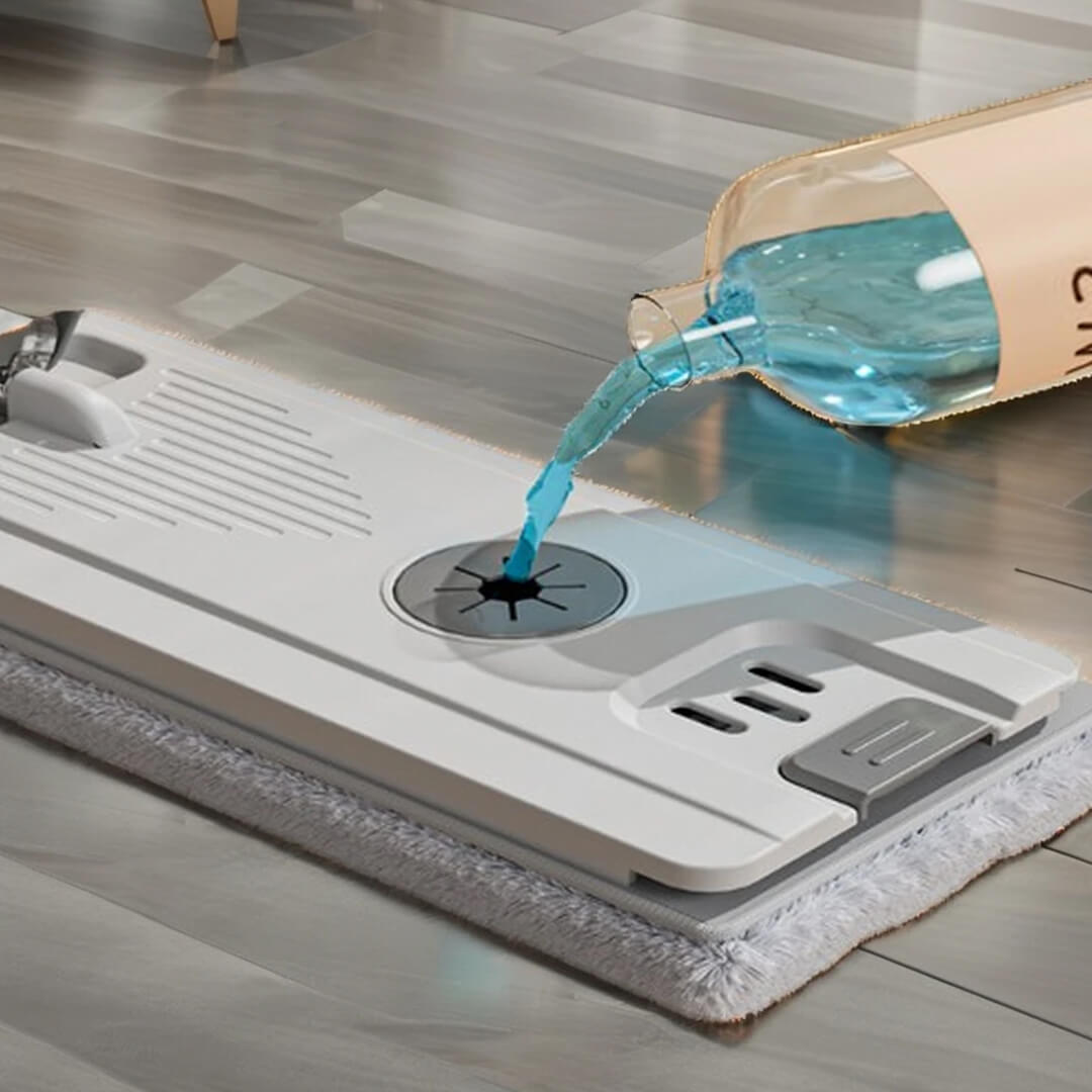 Home mop set with rotating head and self-cleaning base 