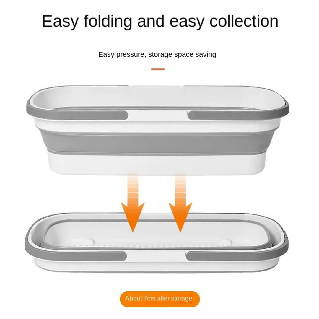 collapsible cleaning bucket with wheels, easy folding for storage space saving.