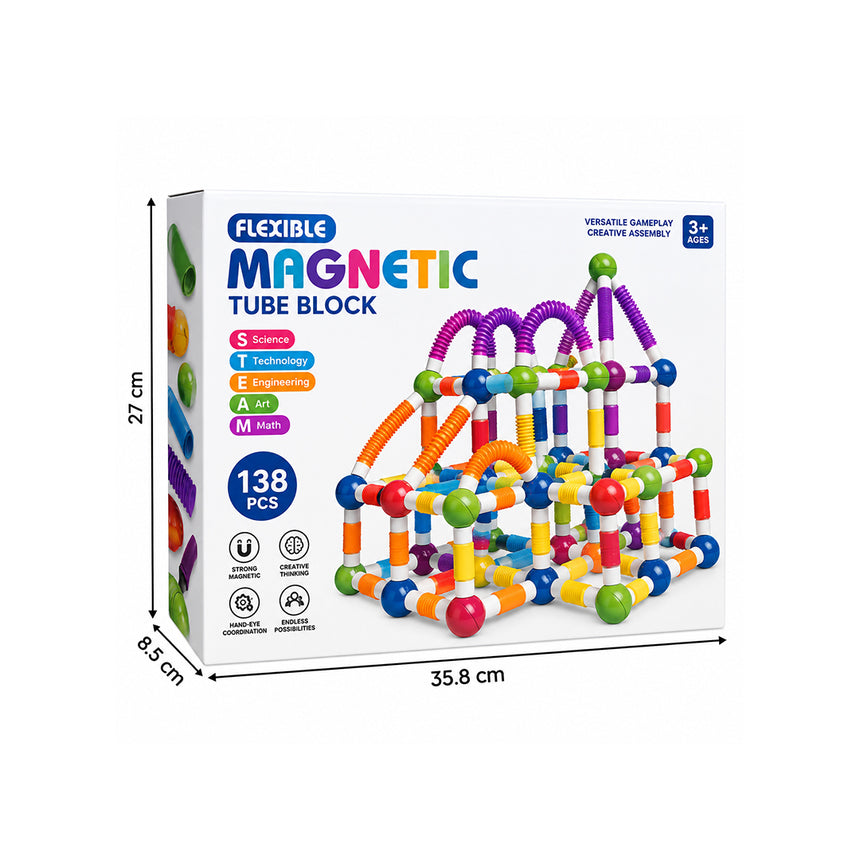 Kids' flexible magnetic tube construction toy with colorful pieces