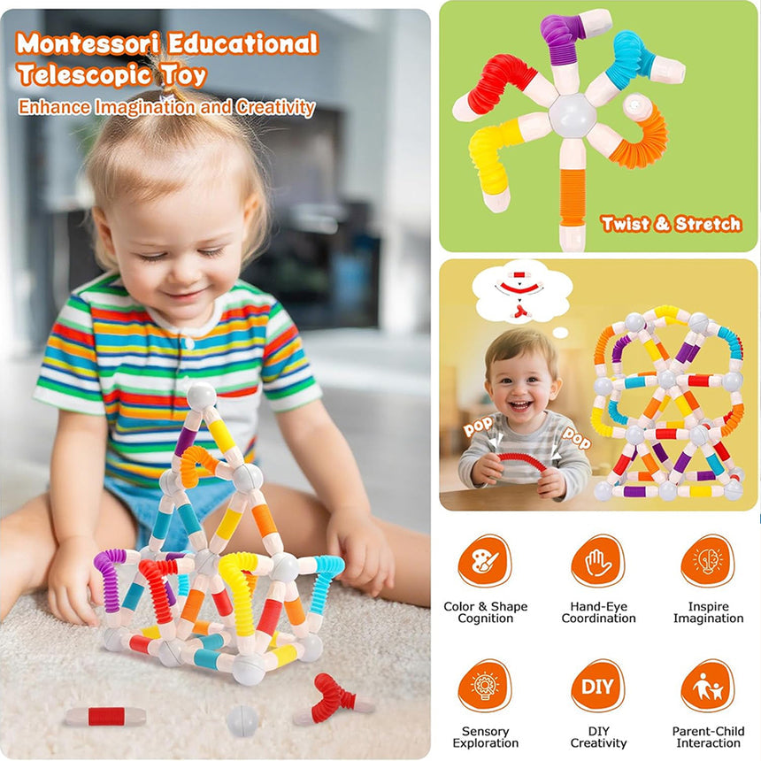 Kids building colorful structures with flexible magnetic tubes