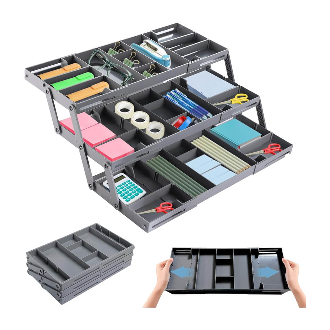 Collapsible multi-tier drawer organizer for home and office storage