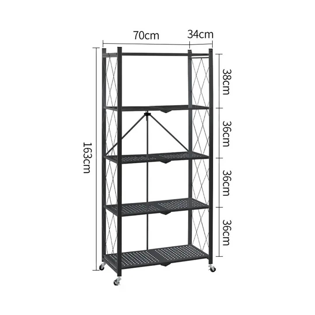 Foldable 5-Layer Metal Shelves with Wheels – Black