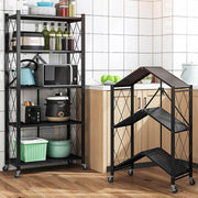 Foldable 5-Layer Metal Shelves with Wheels – Black