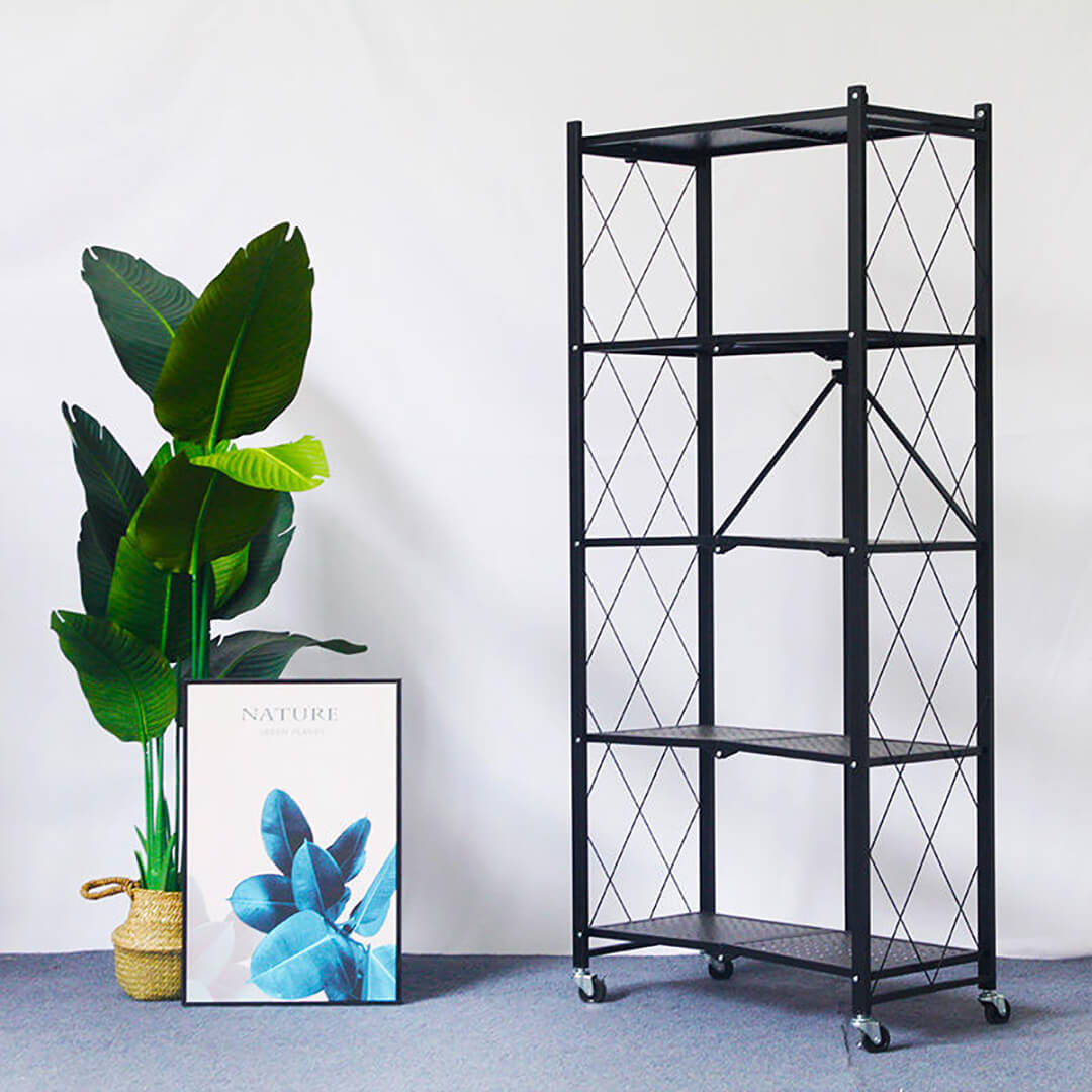 Foldable 5-Layer Metal Shelves with Wheels – Black