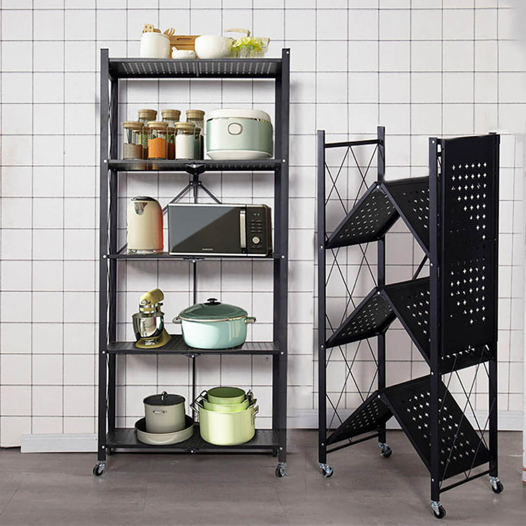 Foldable 5-Layer Metal Shelves with Wheels – Black