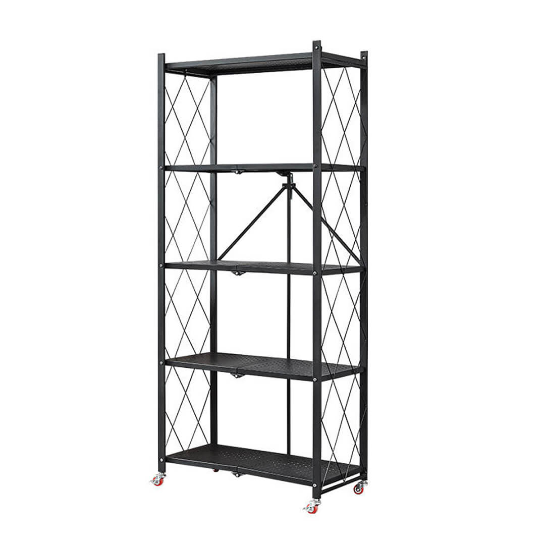 Foldable 5-Layer Metal Shelves with Wheels – Black Black