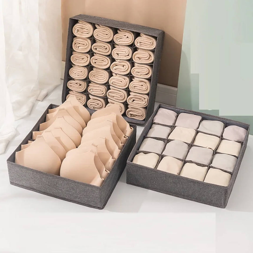Set of 3 fabric organizers with 7, 16, and 24 grids
