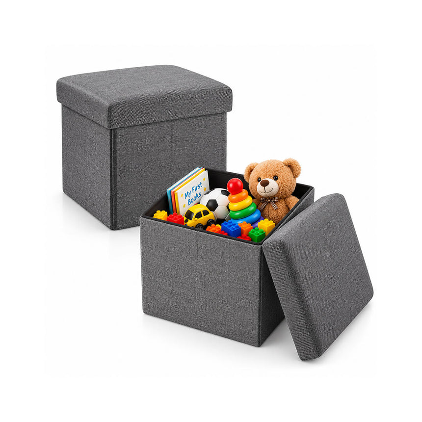 Grey fabric storage box with thick lid to be used as a daily chair 