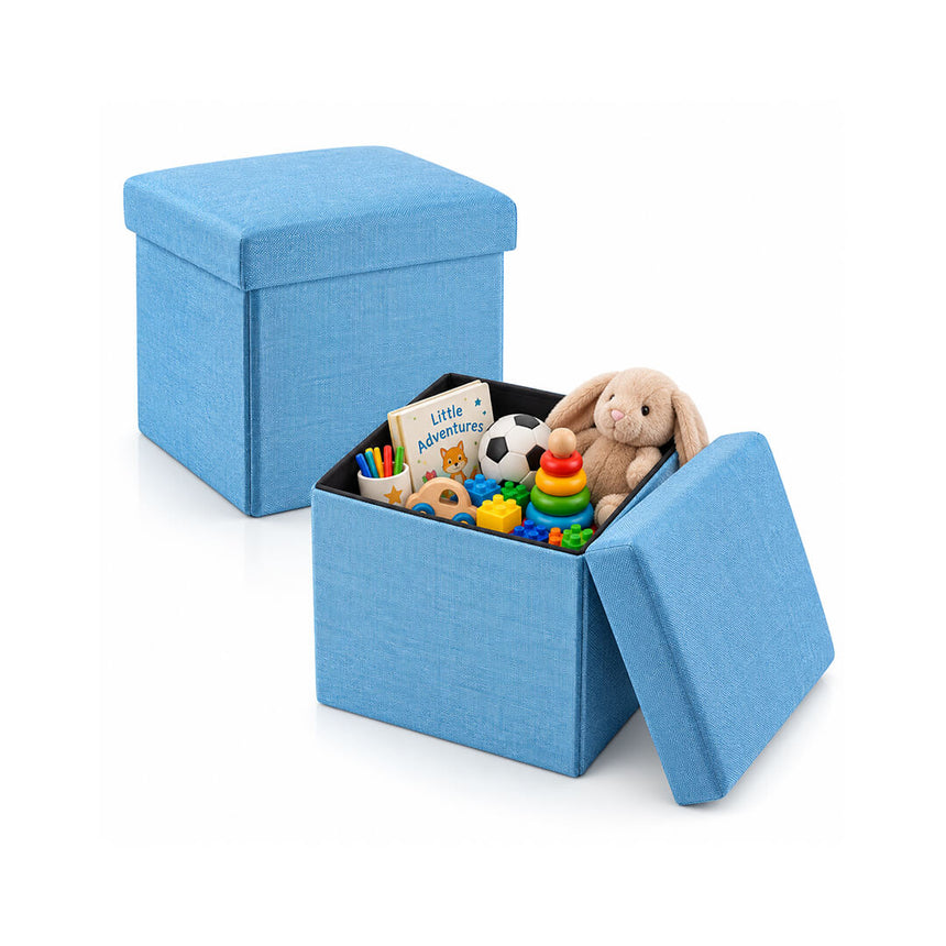 Light blue foldable fabric storage box with cushioned top as a seater