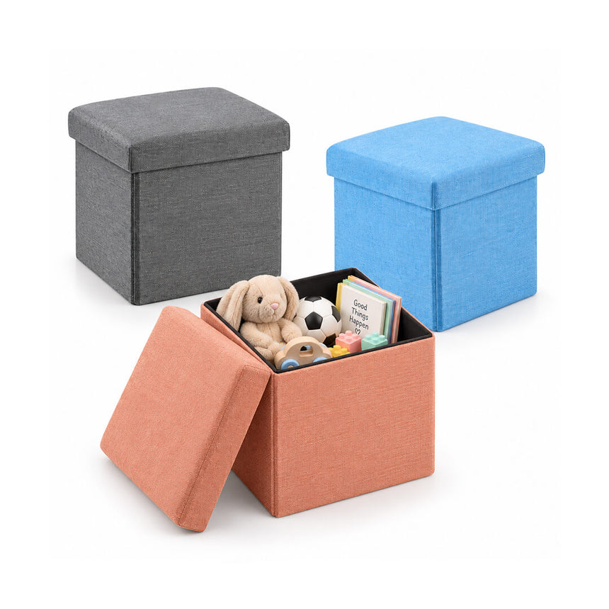 Foldable fabric storage stool with cushioned top in grey, peach and blue