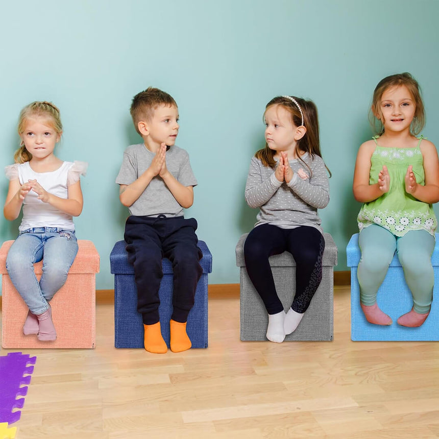 Foldable fabric storage stool with cushioned top so kids can sit on them