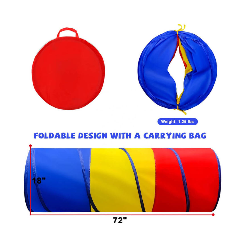 Colorful tunnel with a carrying bag, showing dimensions and weight
